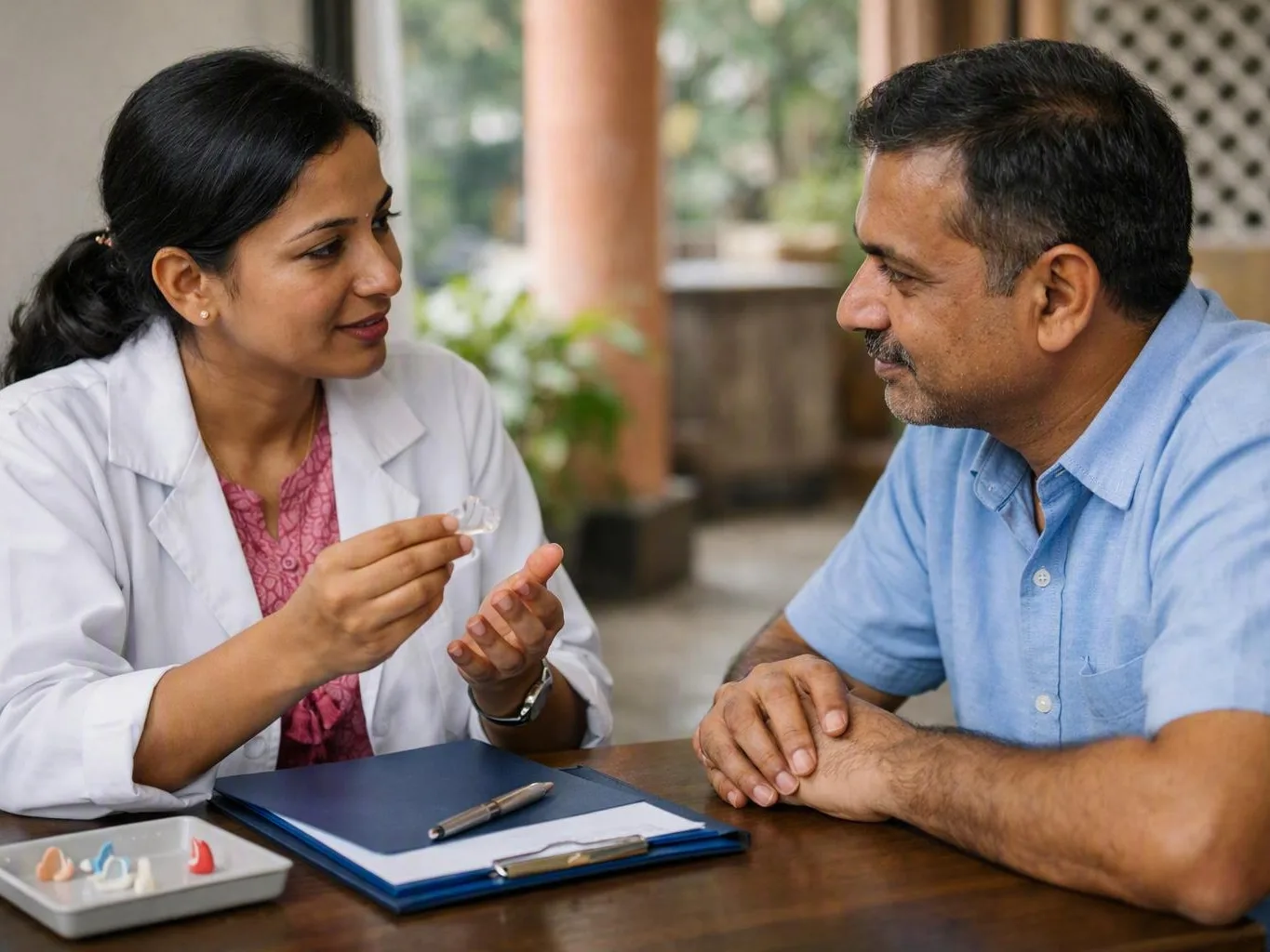 Dentist in a white coat shows a clear dental aligner to a seated man