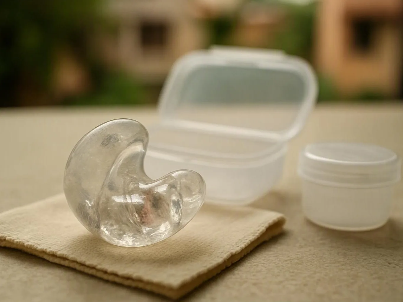 Clear baby pacifier rests on beige cloth beside plastic storage containers