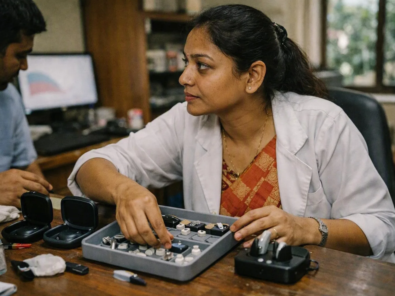Woman in a white coat sorting hearing aid parts beside open storage cases