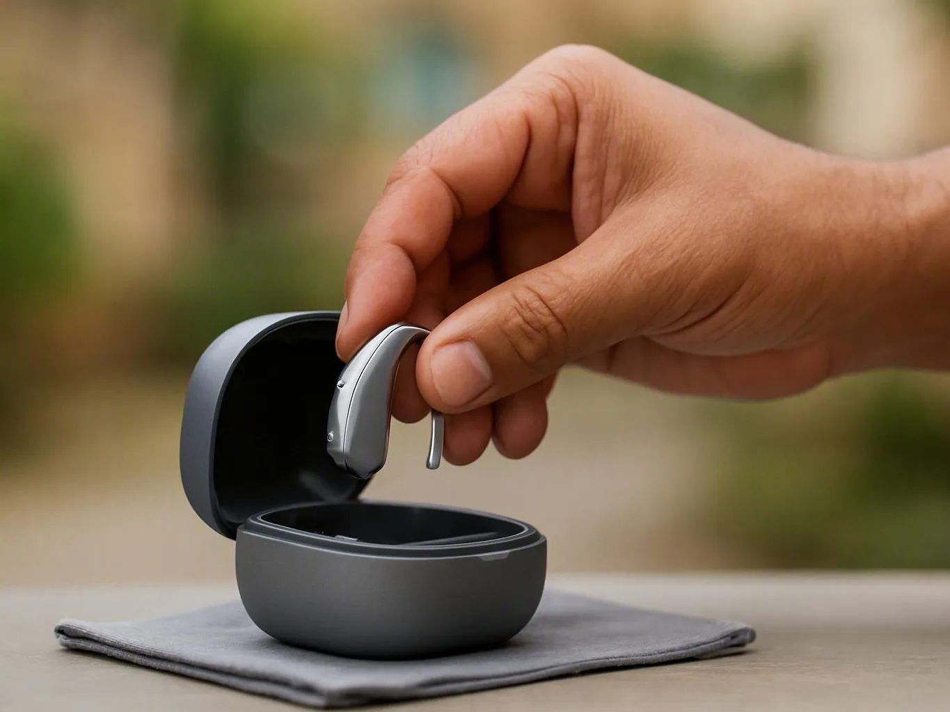 Hand lifting a silver hearing aid from a gray charging case outdoors