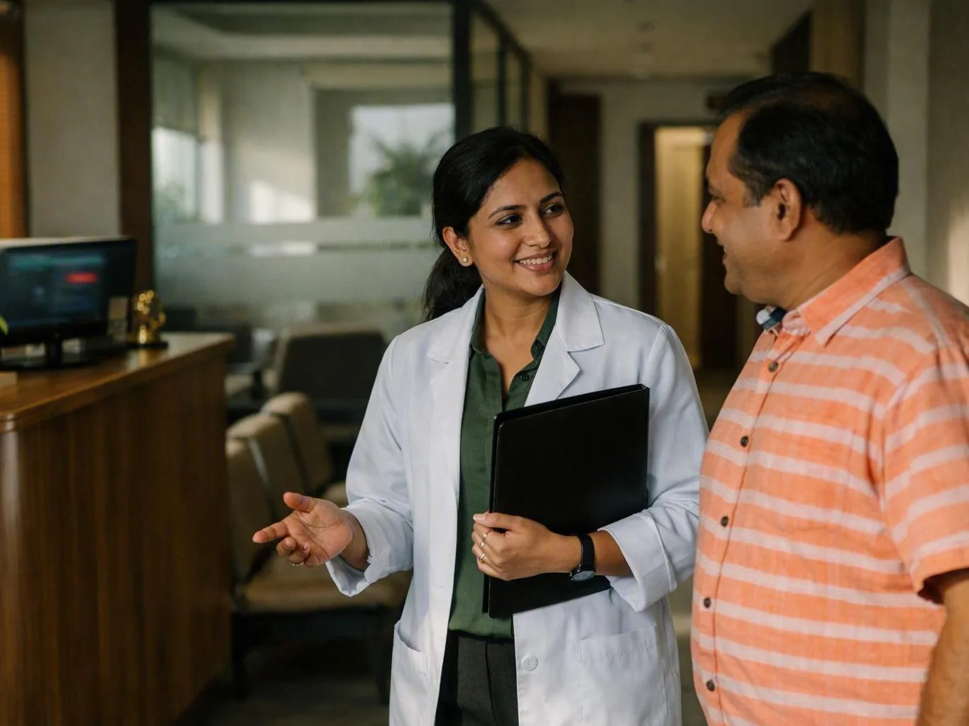 Doctor in a white coat speaking with a man in a striped shirt in a clinic