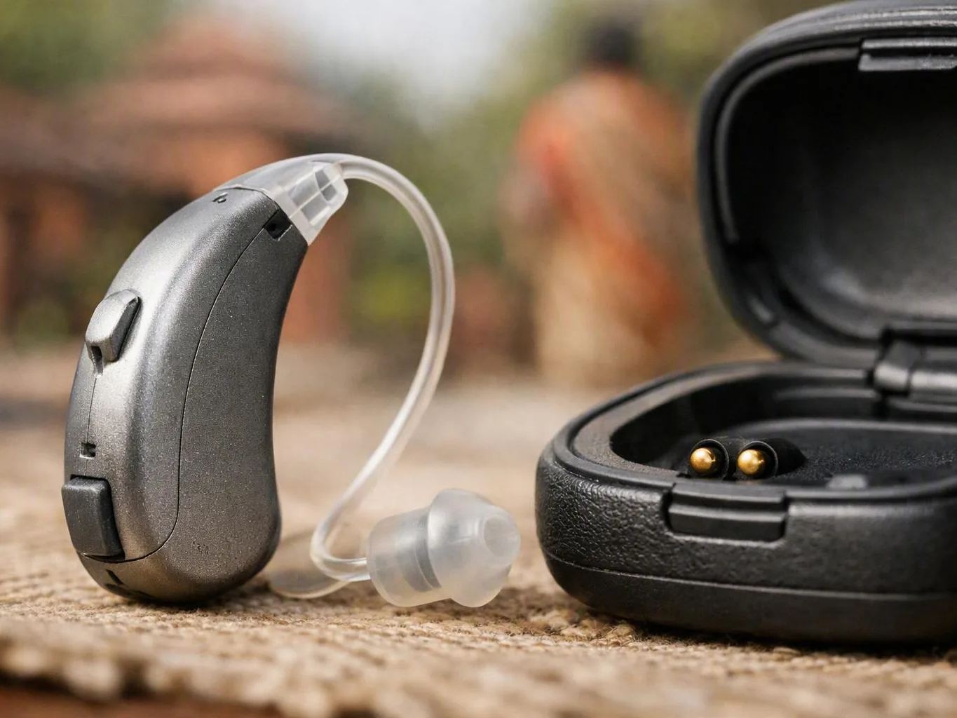 Hearing aid standing beside its open charging case on a carpeted surface