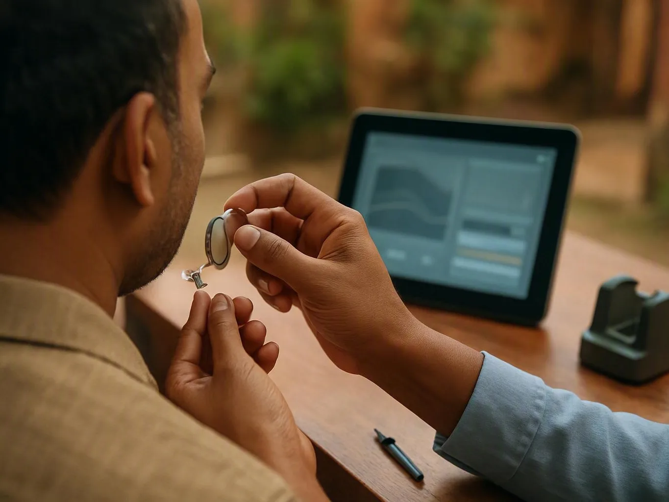 Audiologist performing a hearing test on an adult in a clinic