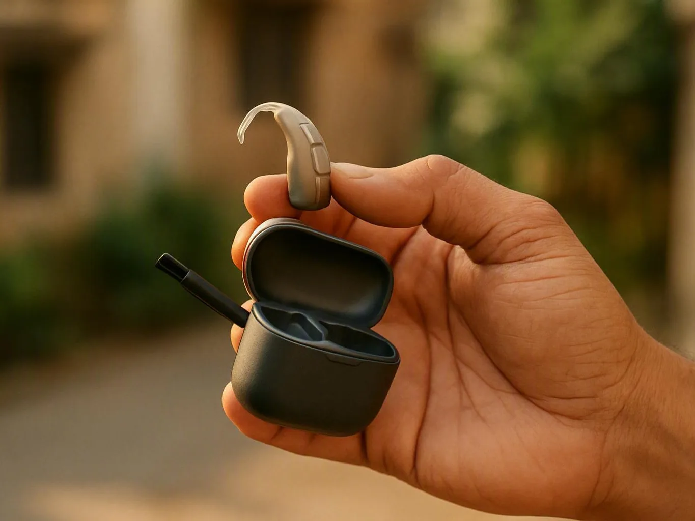 Audiologist adjusting a small hearing aid beside a patient