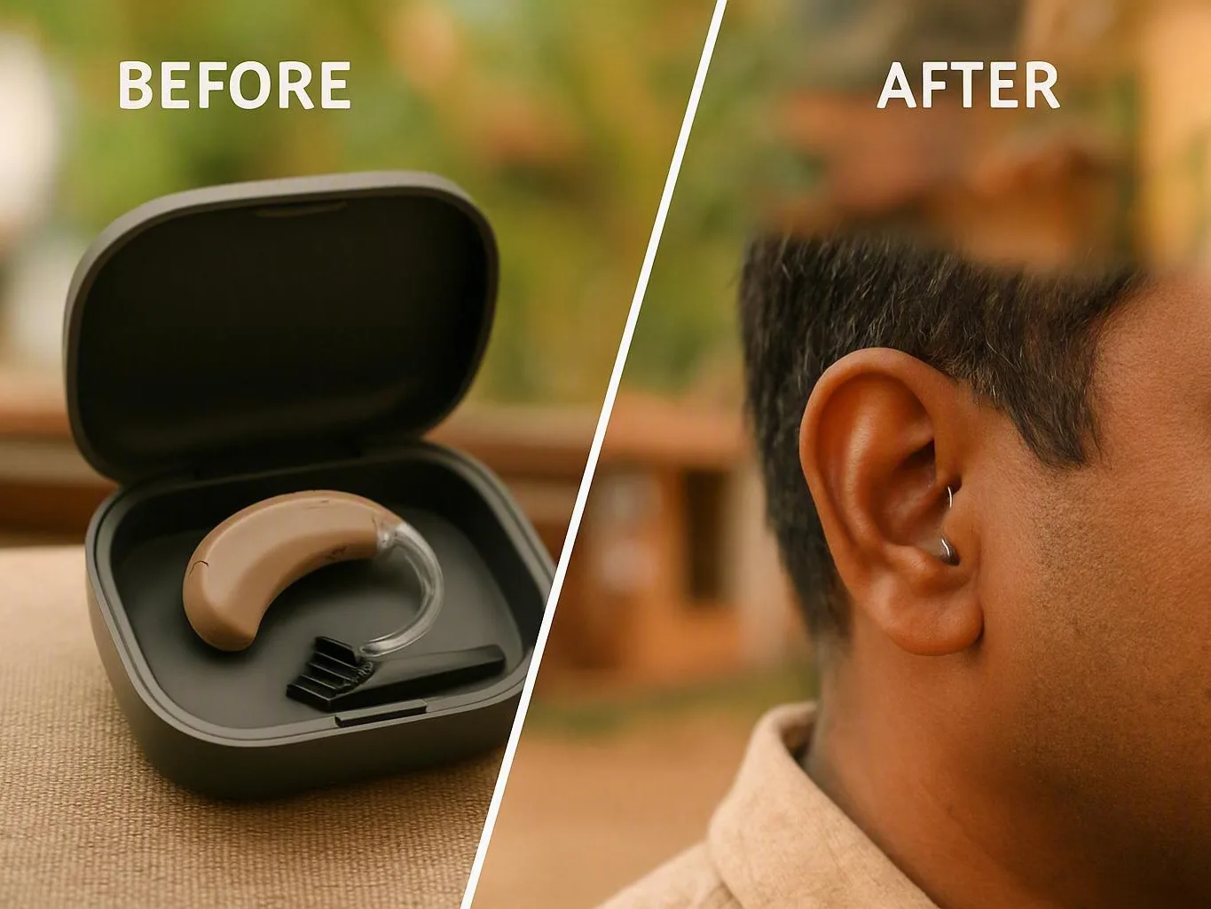 Split image showing a hearing aid in its case beside a man wearing the device