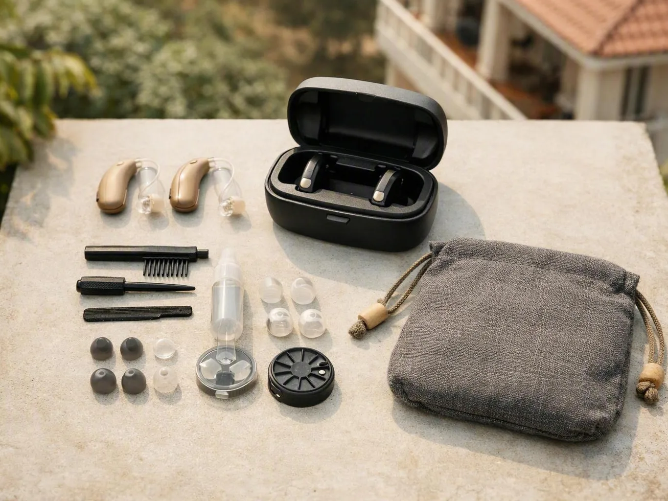 Hearing aids and cleaning accessories arranged beside a gray drawstring pouch