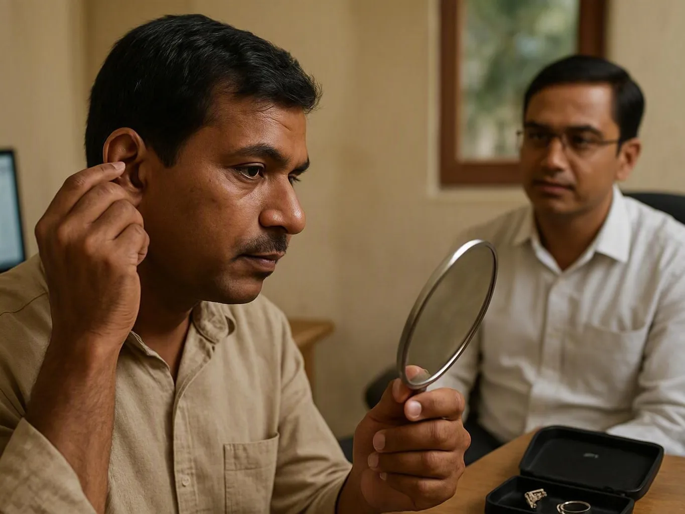 Man examines his ear with a magnifying mirror while another man observes in an — What Methodology Does Audiometry Typicall...