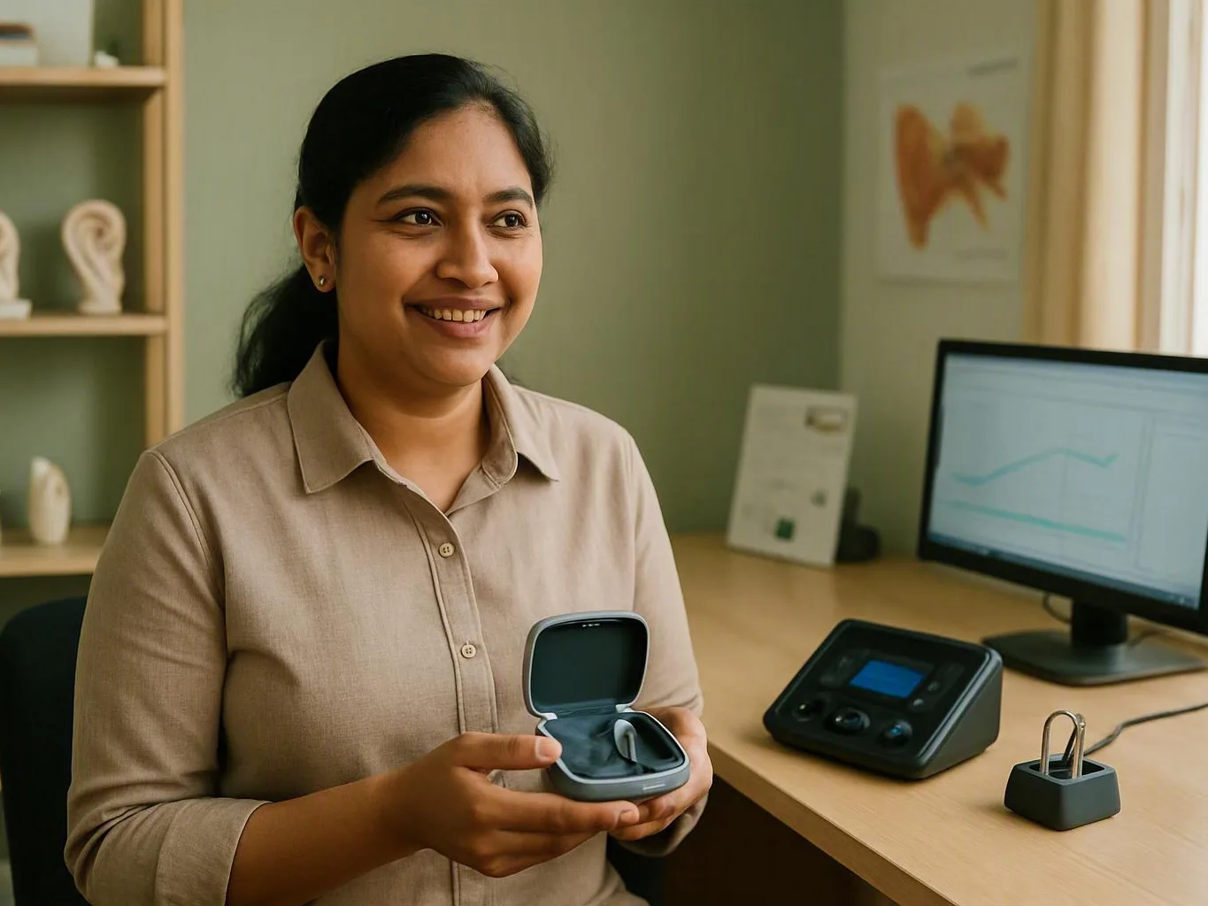 Audiologist performing a hearing test in a clinic room