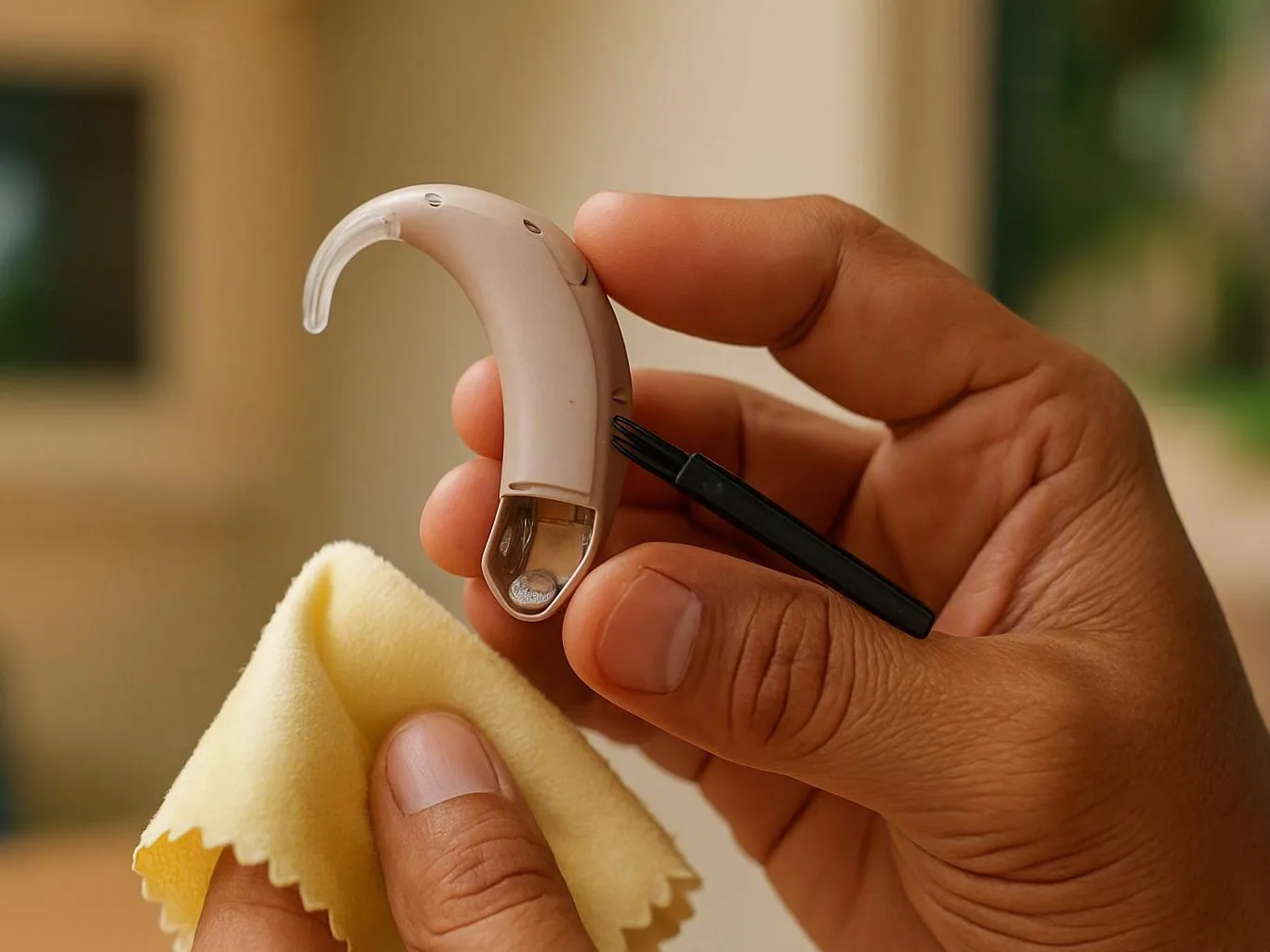 Hands clean a beige behind-the-ear hearing aid with a black brush and yellow