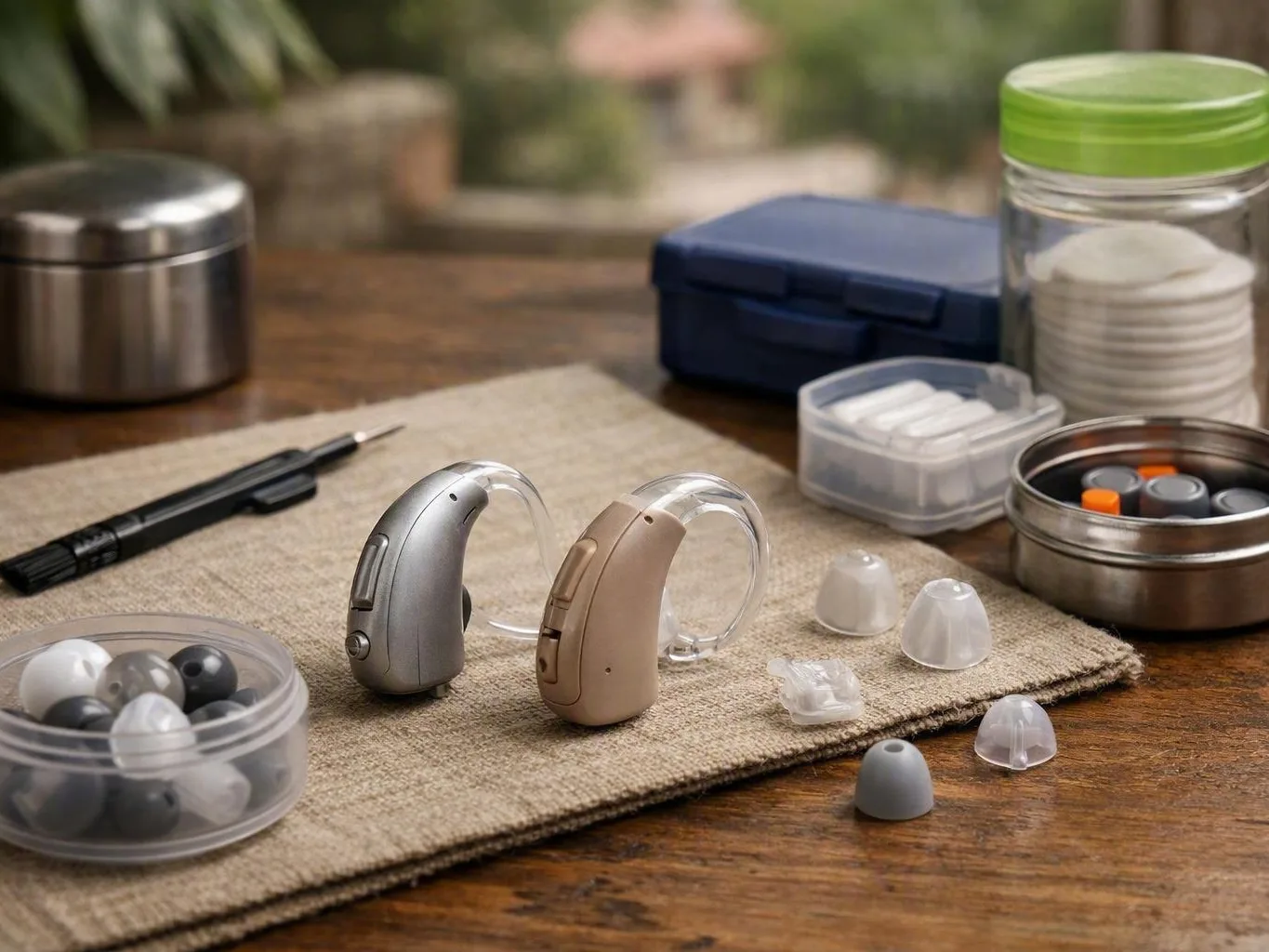 Two hearing aids with ear tips, batteries, and storage cases arranged on a