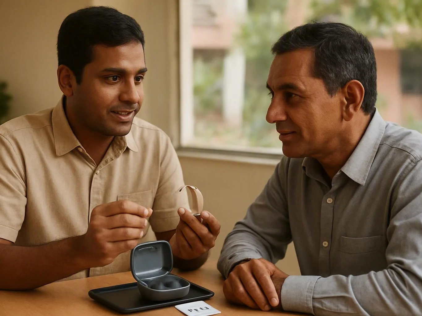 Two men discuss a hearing aid beside an open case and service tray