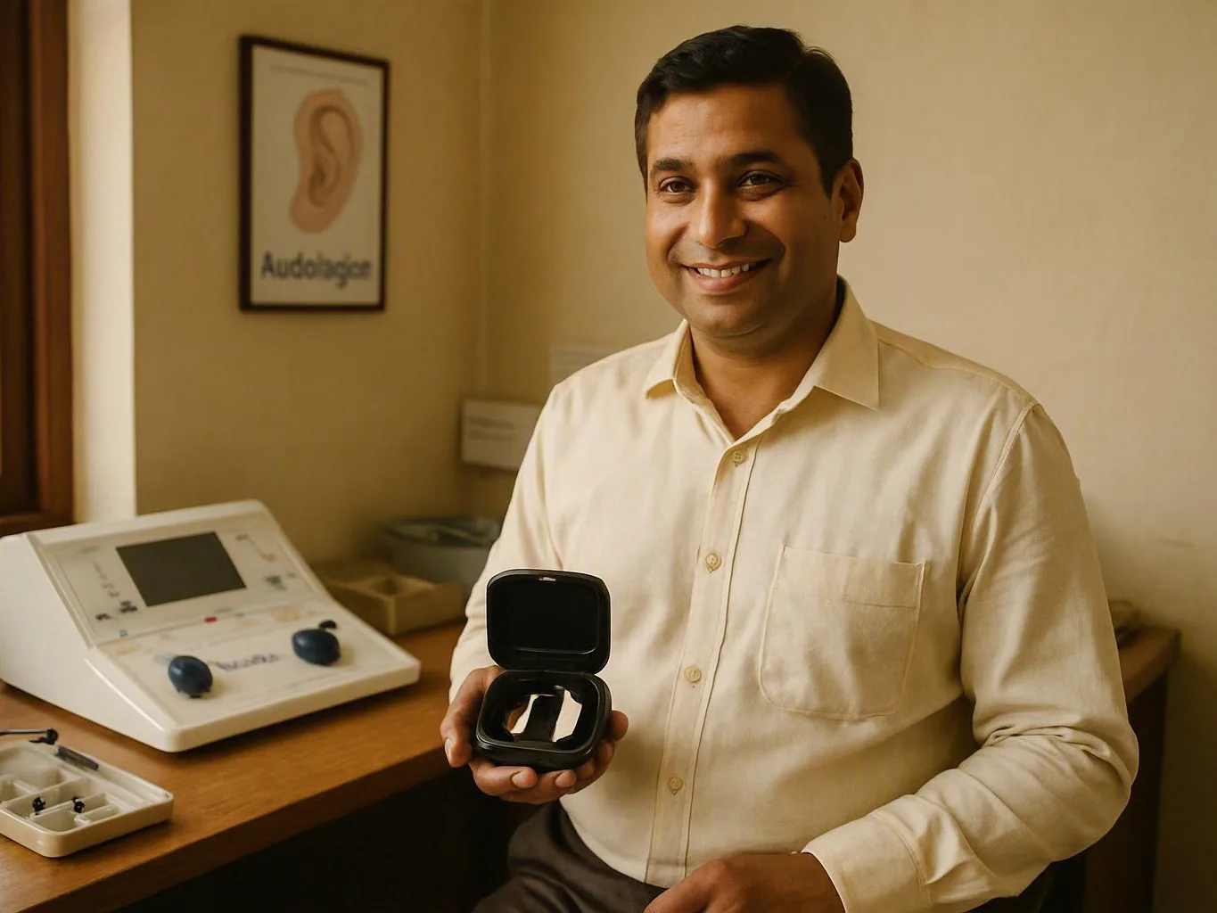 Smiling man holds an open black hearing device beside audiology equipment in a