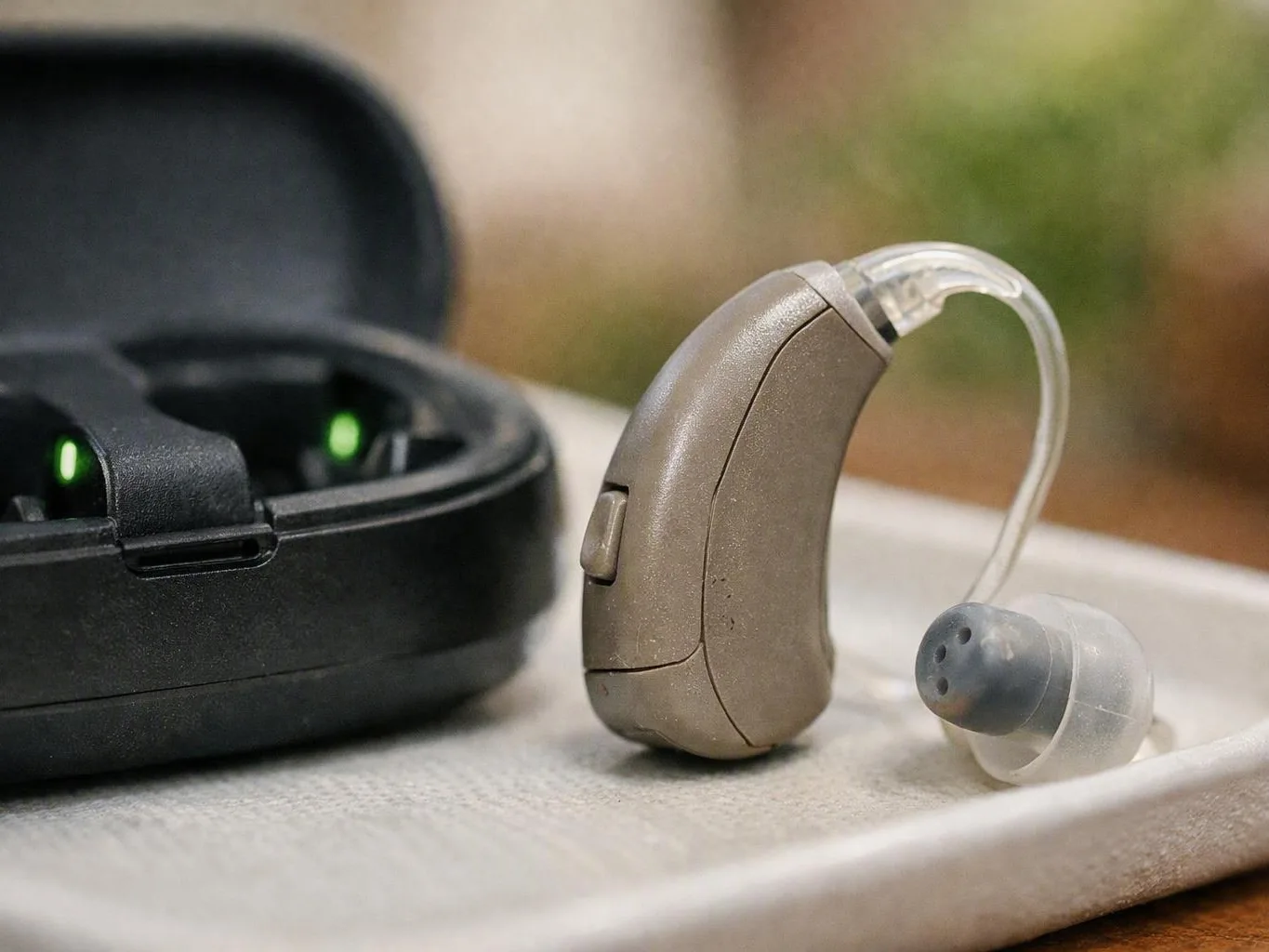 Beige hearing aid beside its charging case on a tray with a clear ear tip