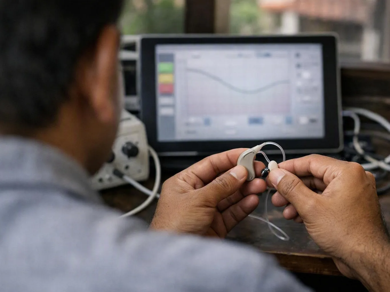 Person adjusts a small earbud hearing device while viewing a graph on a tablet