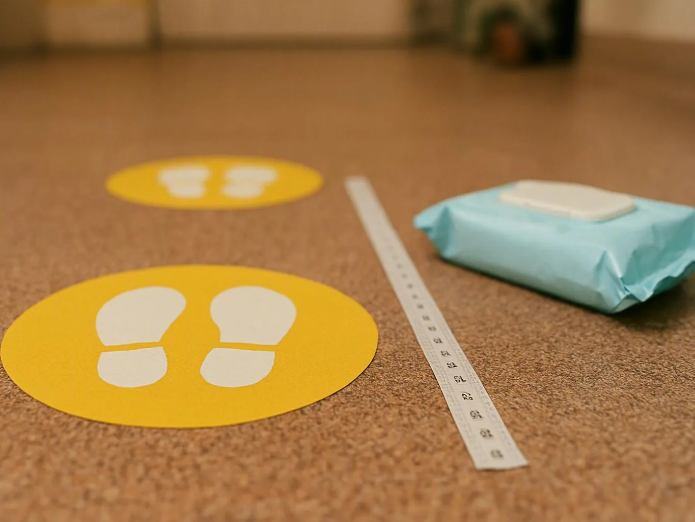 Yellow footstep stickers, measuring strip, and wrapped blue package arranged on