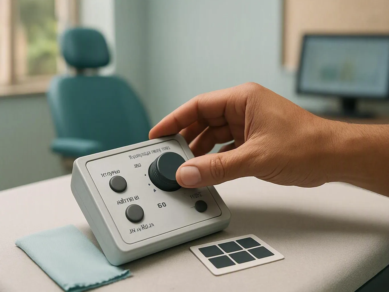 Hand adjusting a small control box on a clinic desk beside a chair and monitor