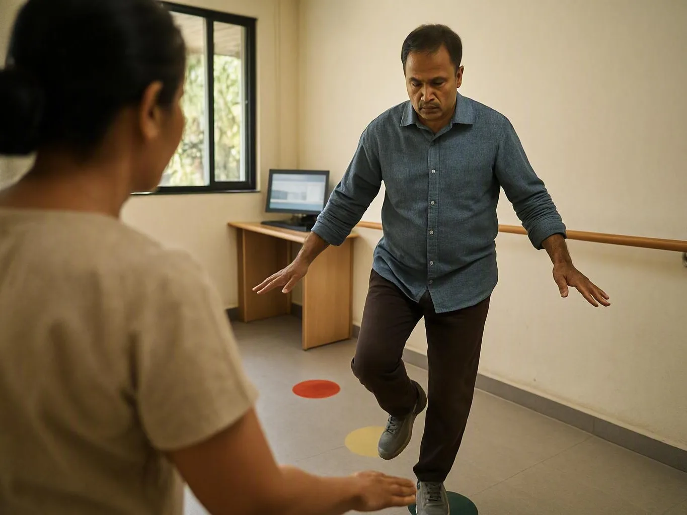 Man balancing on one leg while a woman watches in an indoor room