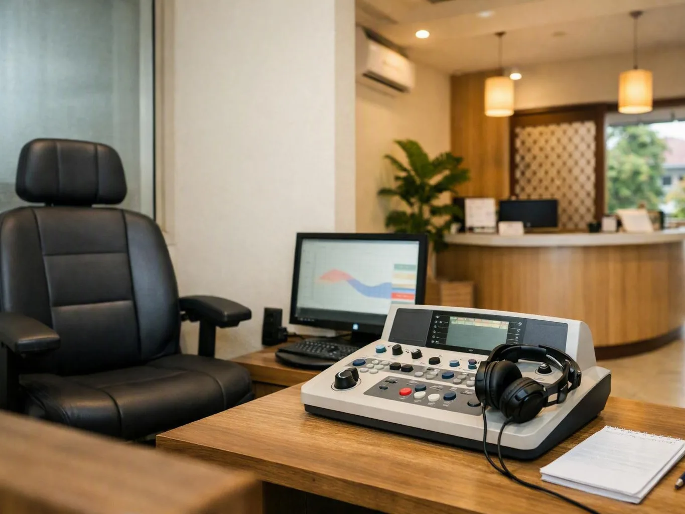 Hearing test booth with a black chair, control console, headphones, and monitor