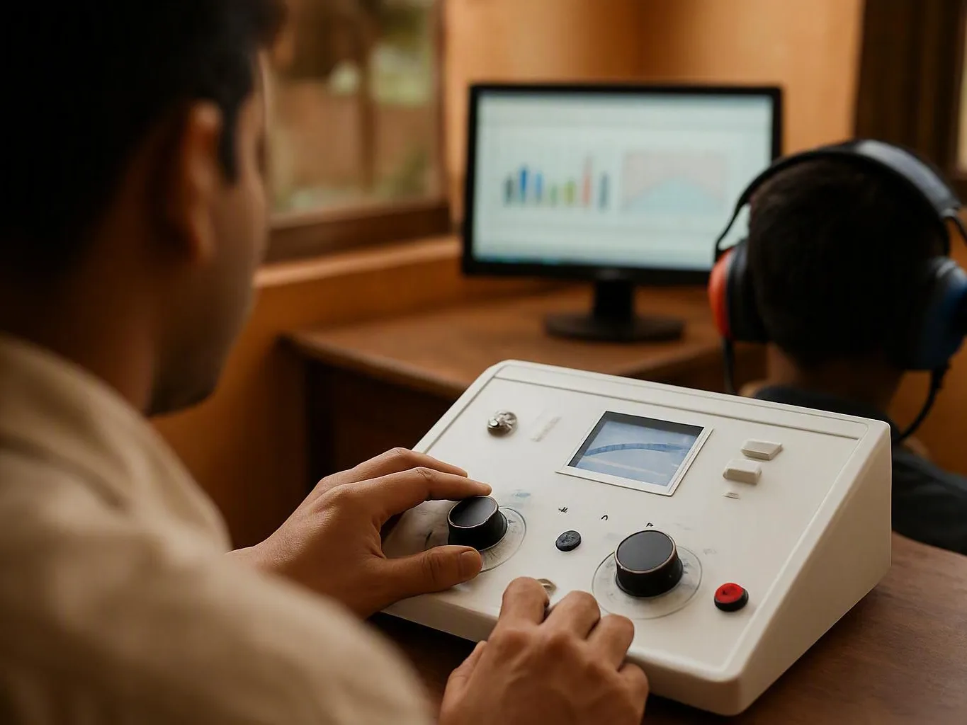 Person wearing headphones while another operates a white control box beside a