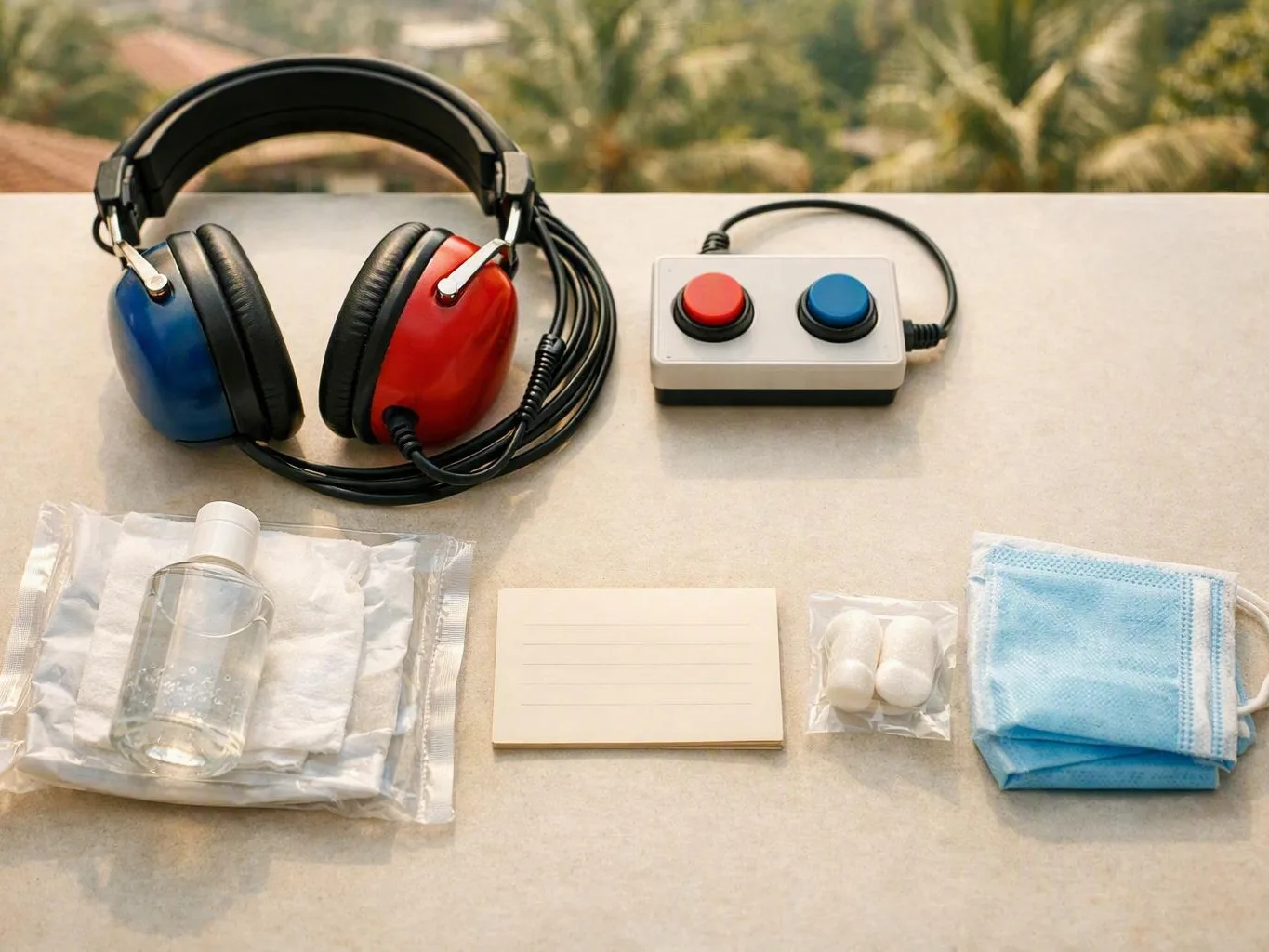 Red and blue headphones beside a two-button controller and packaged hygiene — What Should Families Bring Before Testing a...