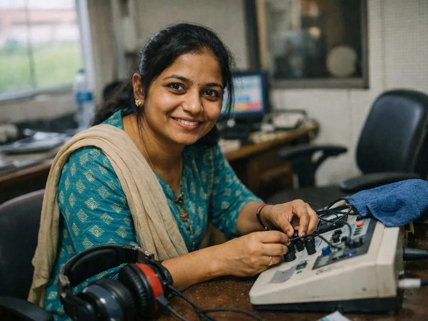 Smiling woman in teal adjusts cables on an audio console at a desk