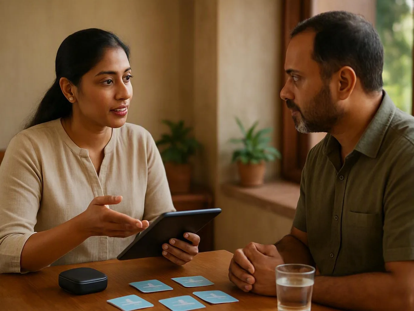 Woman shows a tablet to a man beside cards and a case in a bright room