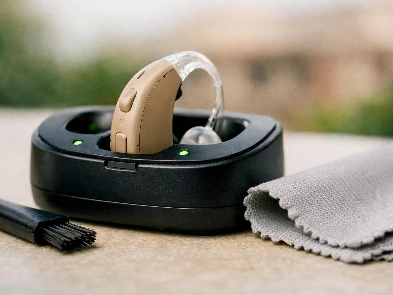 Beige behind-the-ear hearing aid resting in a black charging case beside