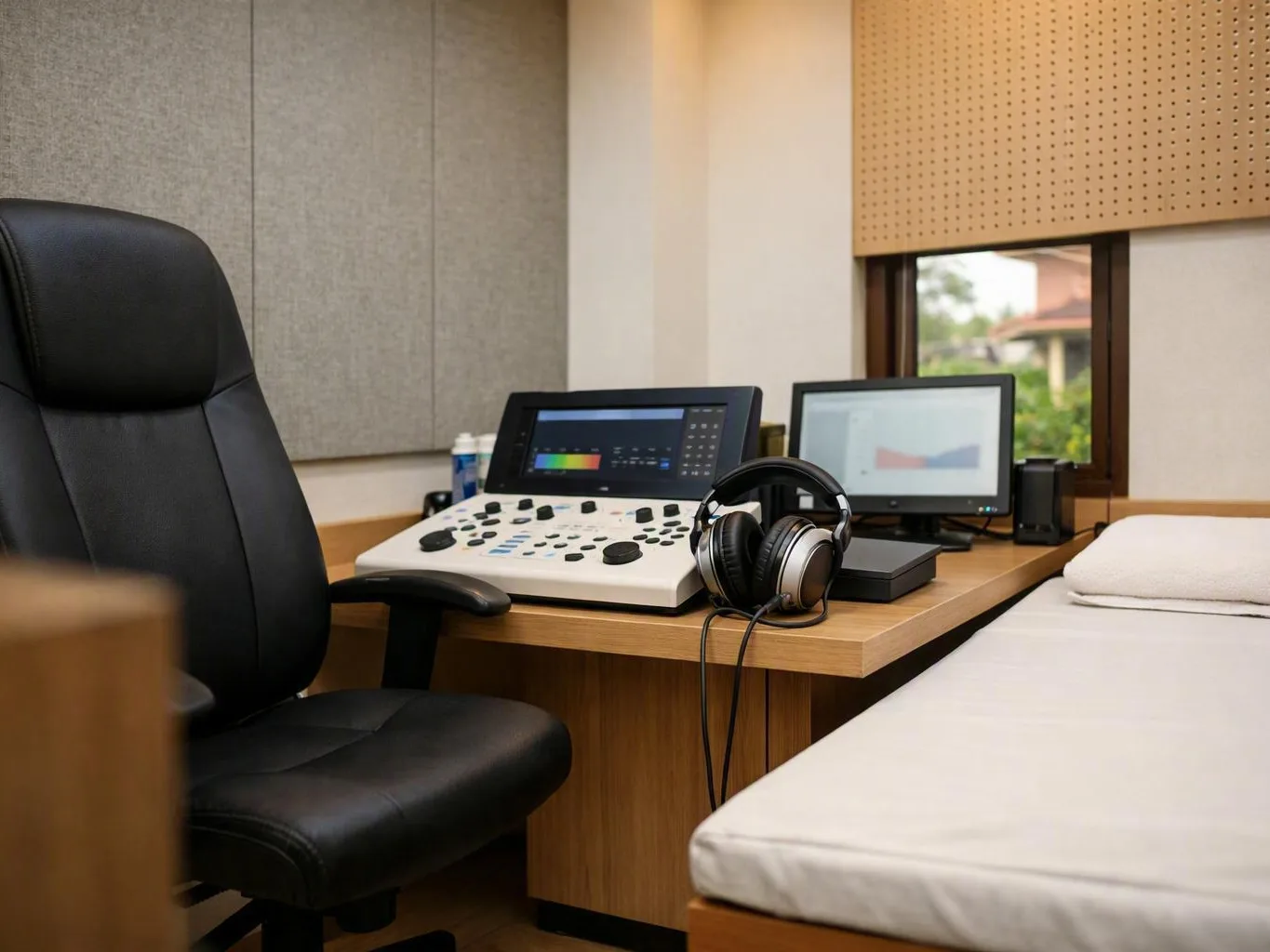 Quiet hearing test room with control console, monitors, headphones, and a