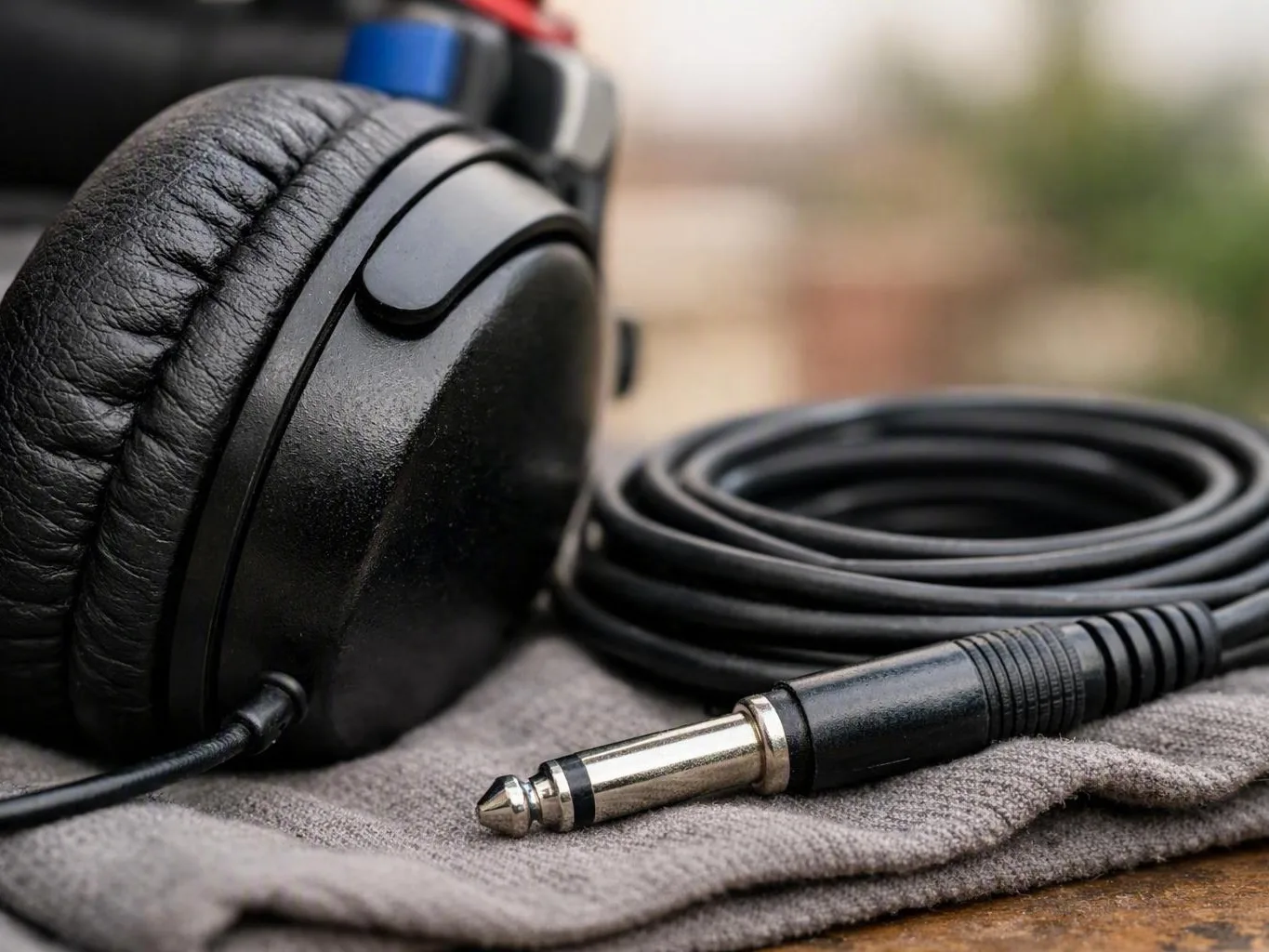 Black over-ear headphones with coiled audio cable resting on a gray cloth
