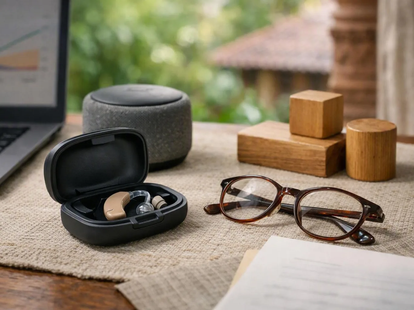 Hearing aid case, eyeglasses, wooden blocks, and laptop arranged on a table