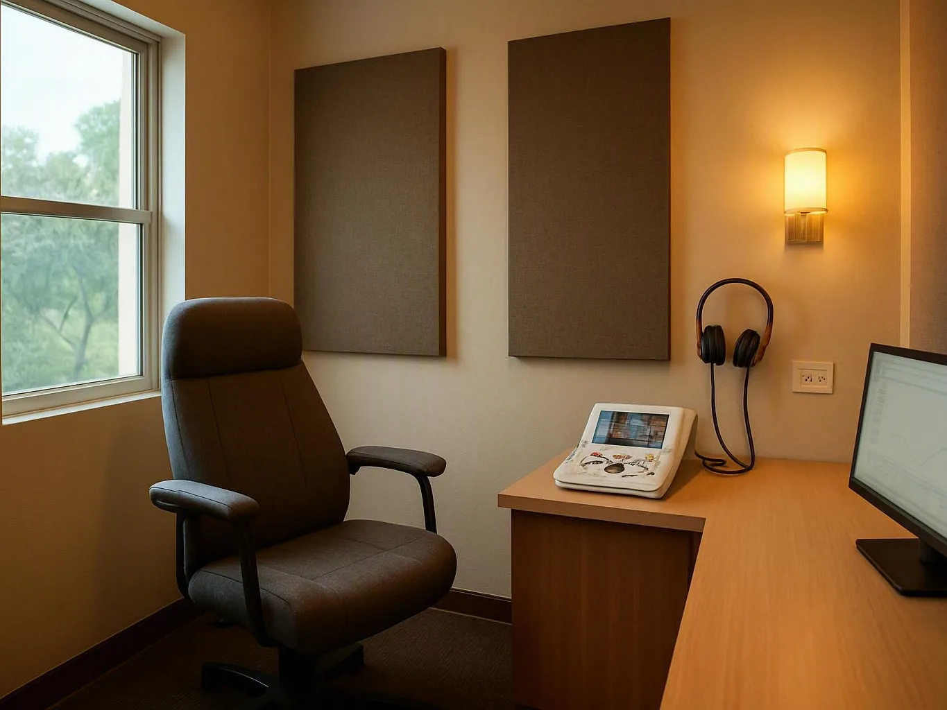 Quiet therapy office with a desk, monitor, acoustic panels, wall lamp, and