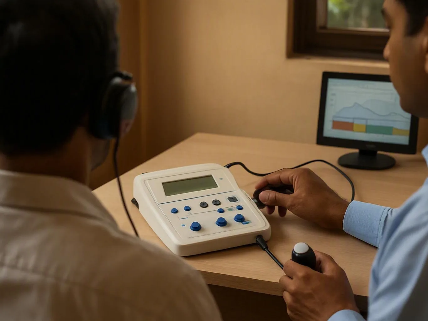 Two people testing a small control device beside a monitor displaying a chart