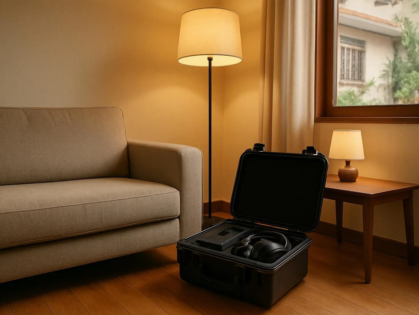Open black headphone case on a wooden floor beside a sofa and lamp