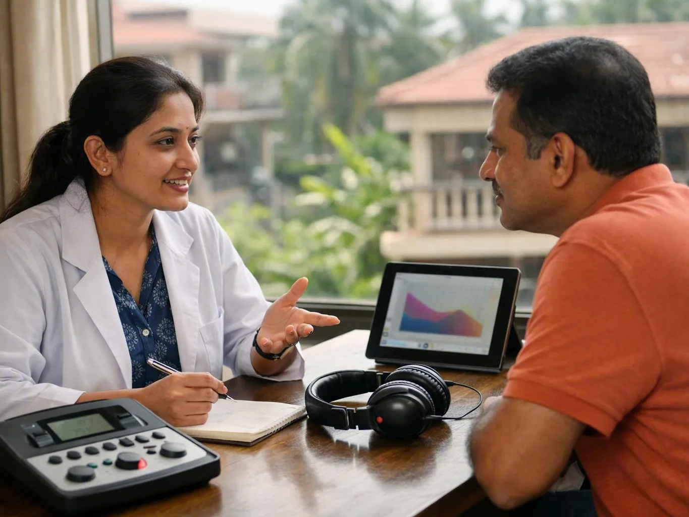 Doctor discussing hearing options with a man across a desk beside headphones