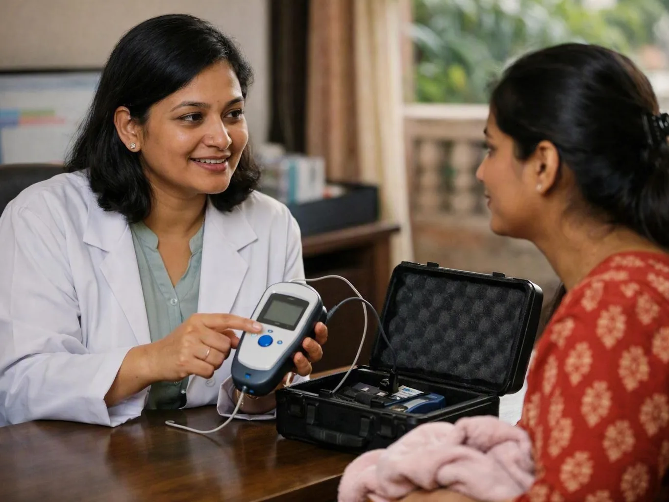 Doctor in a white coat showing a handheld medical device to a seated woman