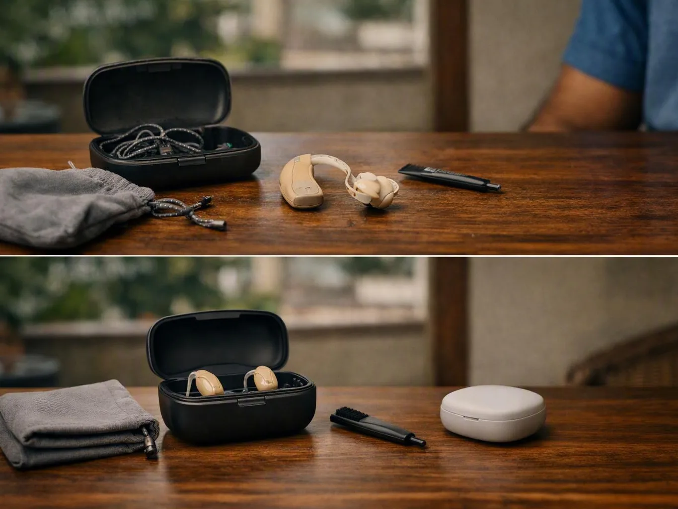 Black earbud case, beige hearing aids, cleaning brush, and gray cloth on a