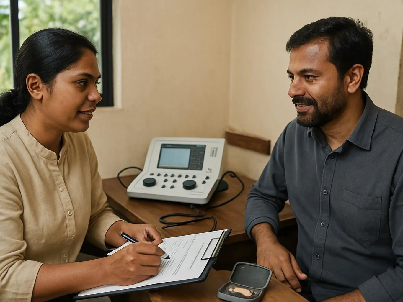 Woman writing on a clipboard while speaking with a man beside a clinic device