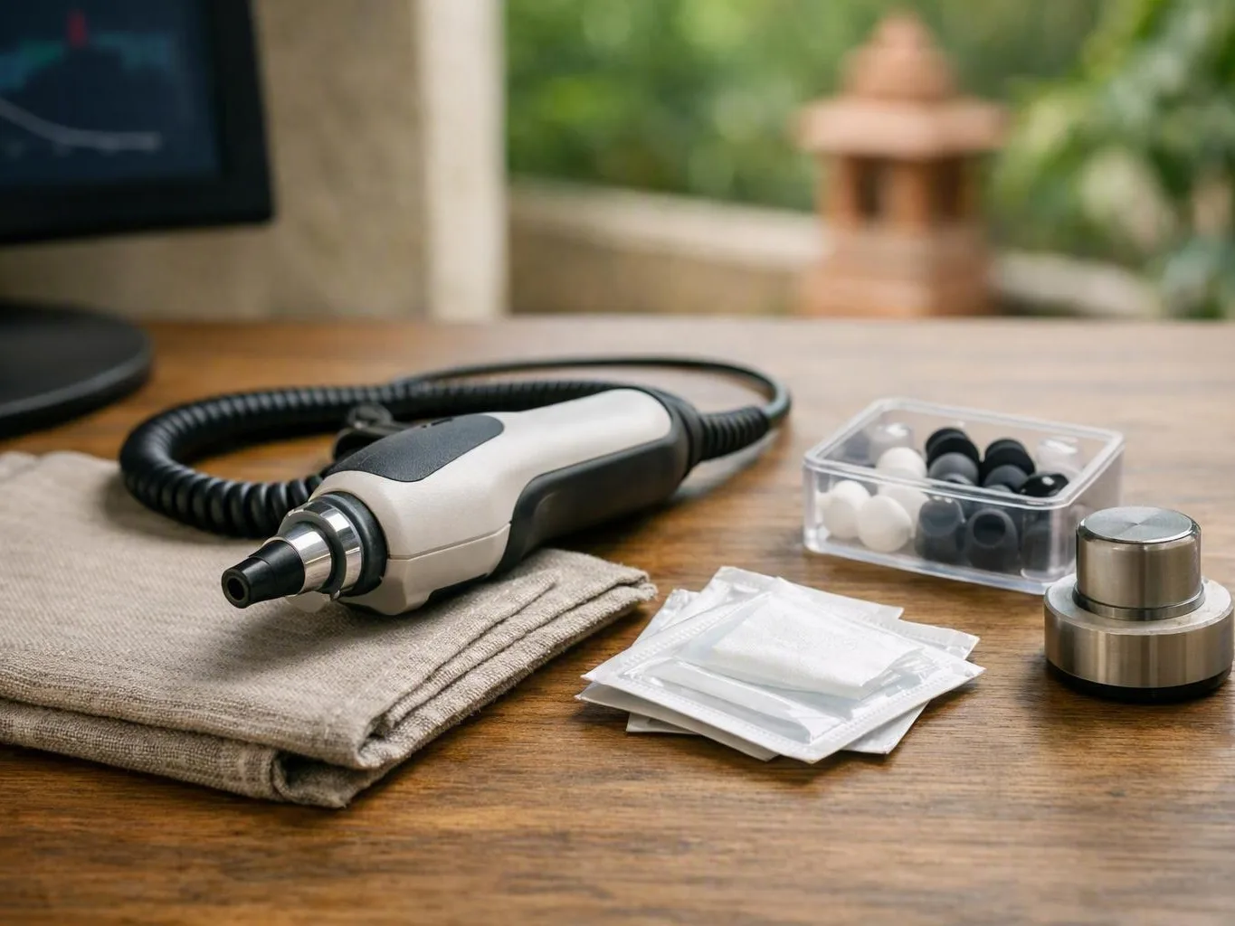 Desktop hearing aid cleaning kit with cloths, earbuds, and maintenance tools on