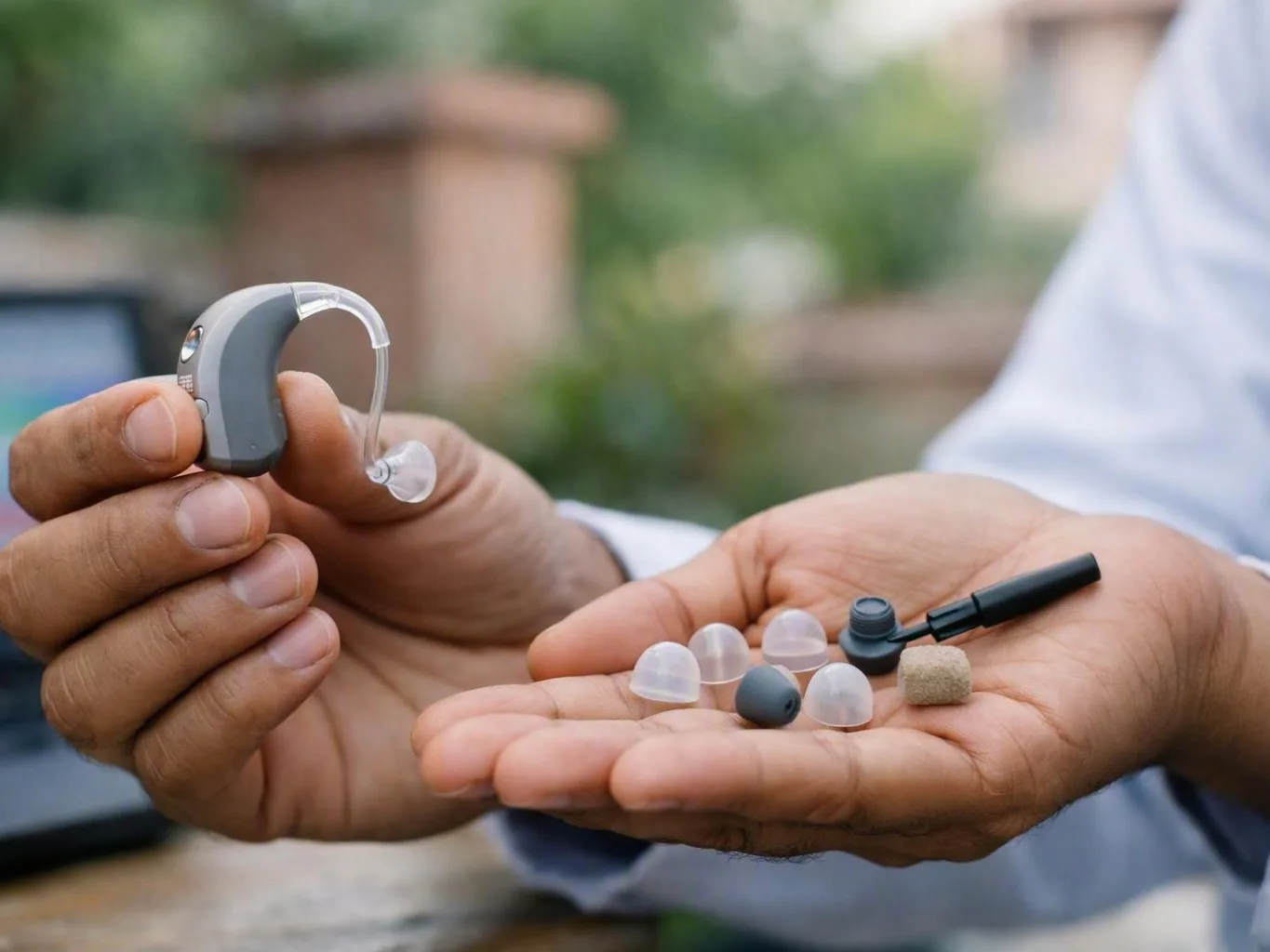 Hands hold a behind-the-ear hearing aid and silicone ear tips outdoors — What Methodology Does Audiometry Typically Follow?