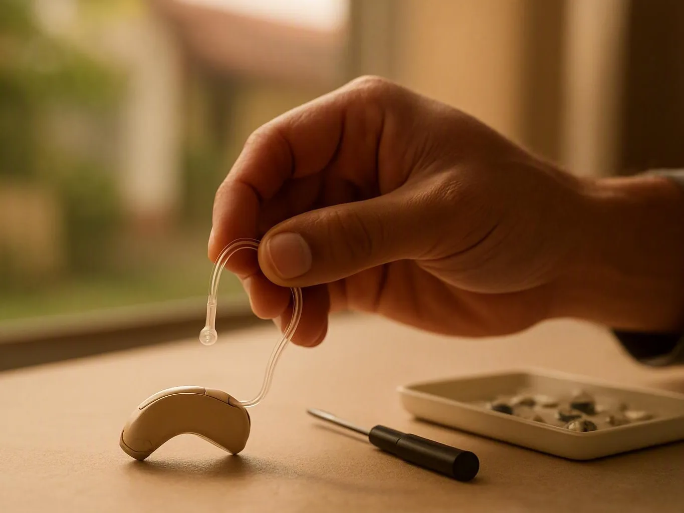 Audiologist testing an adult with headphones in a clinic room