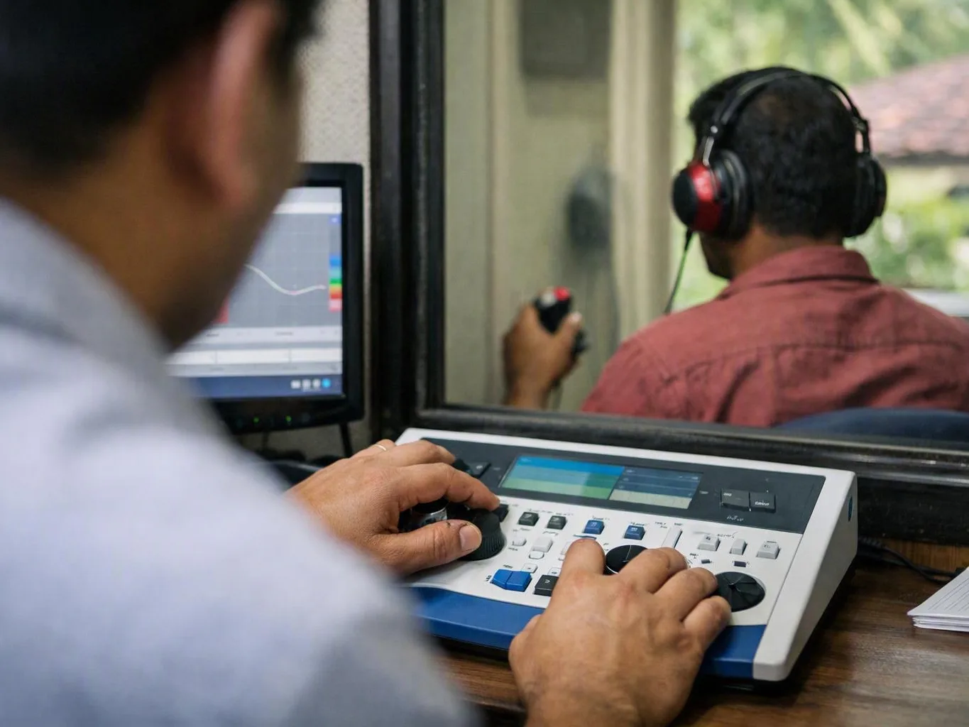 Clinician operating a hearing test console while another person wears
