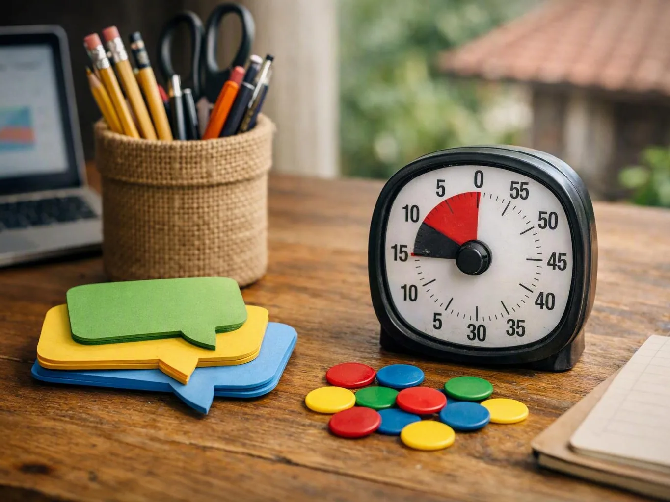 Wooden desk with an analog timer, speech bubble notes, colored tokens, pencil