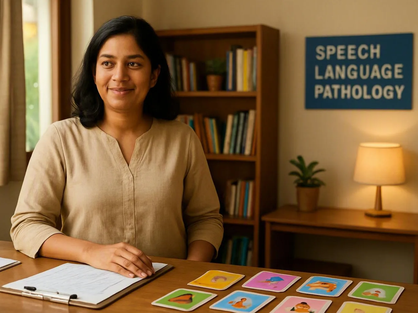Woman standing at a desk in a speech therapy room with picture cards and