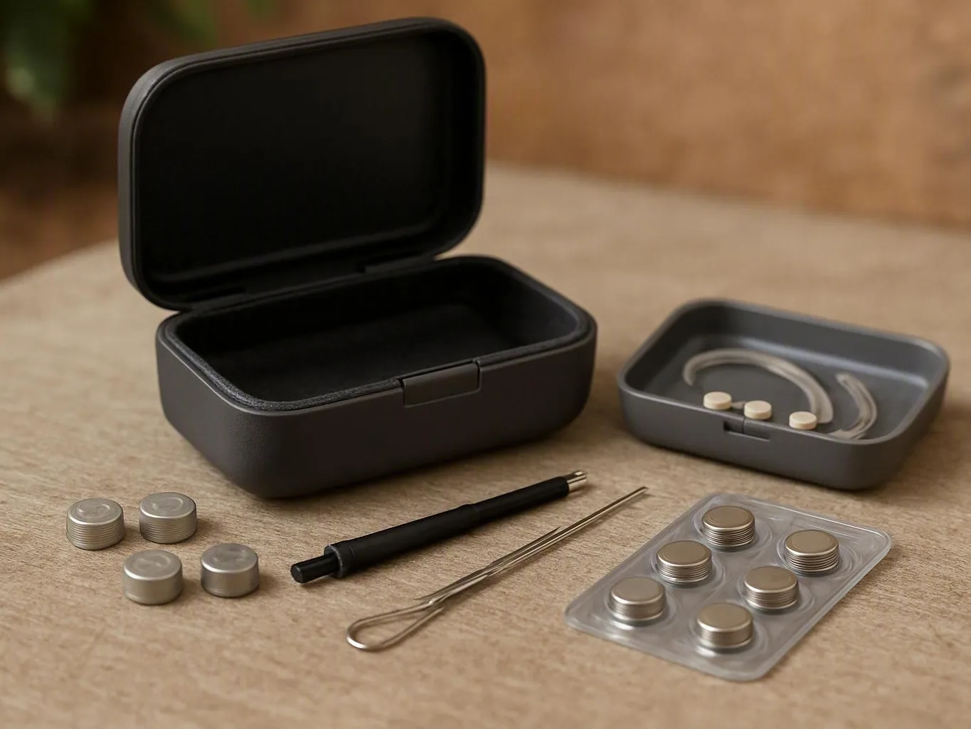 Open black case containing small metal parts, coiled cord, and tools on a beige