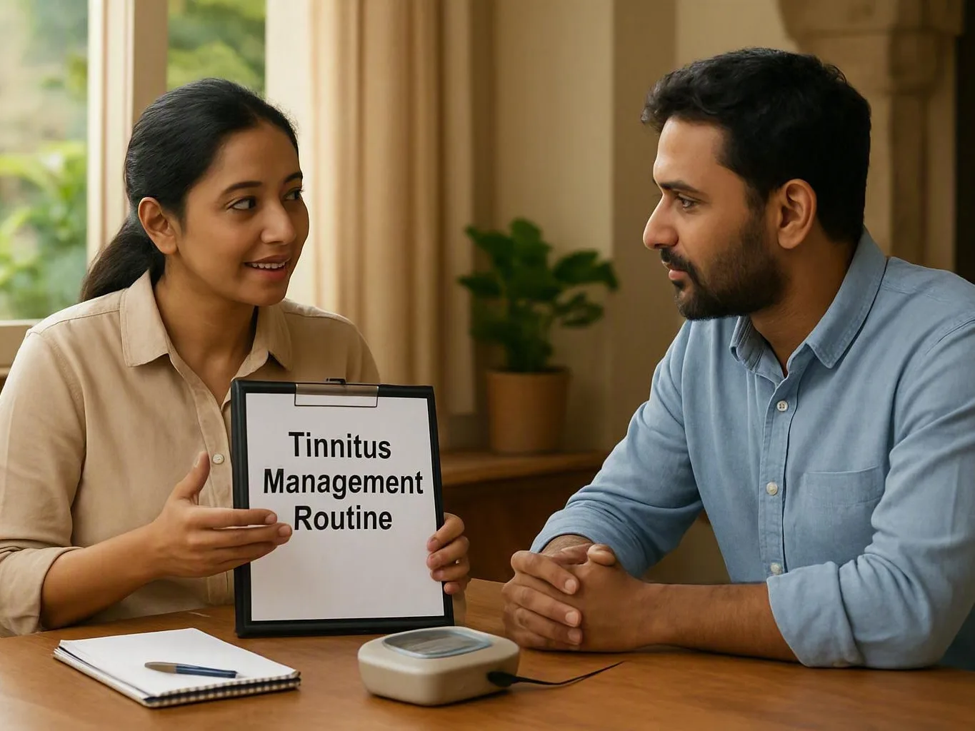 Woman presents a tinnitus management routine clipboard to a man at a table