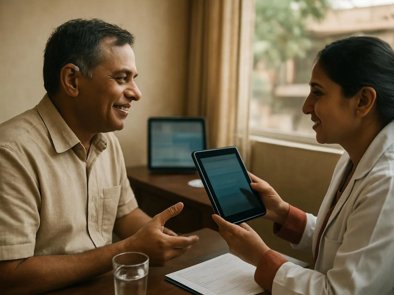 Doctor showing a tablet to a smiling man during a hearing consultation beside a window